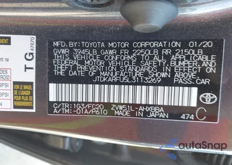 2020 Toyota Prius L Eco из США, поврежденный, VIN JTDKARFU5L3113269